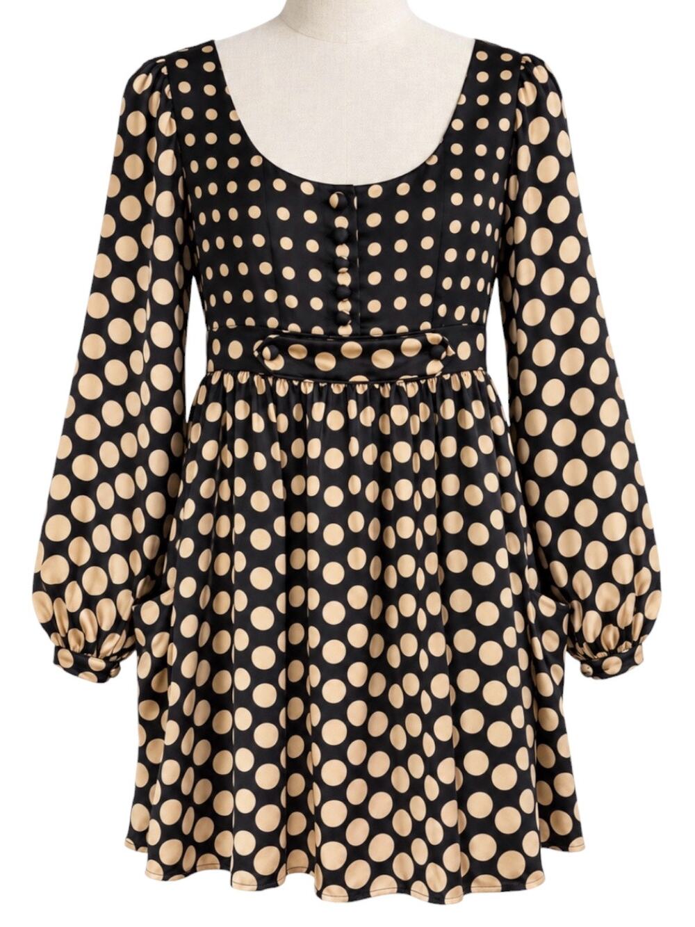 Vertigo Paris Y2K Silk Polka Dot Mini Dress Women's S Black Gold Holiday Pockets